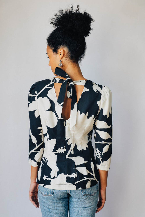 Black and Parchment Floral Puff Sleeve Blouse