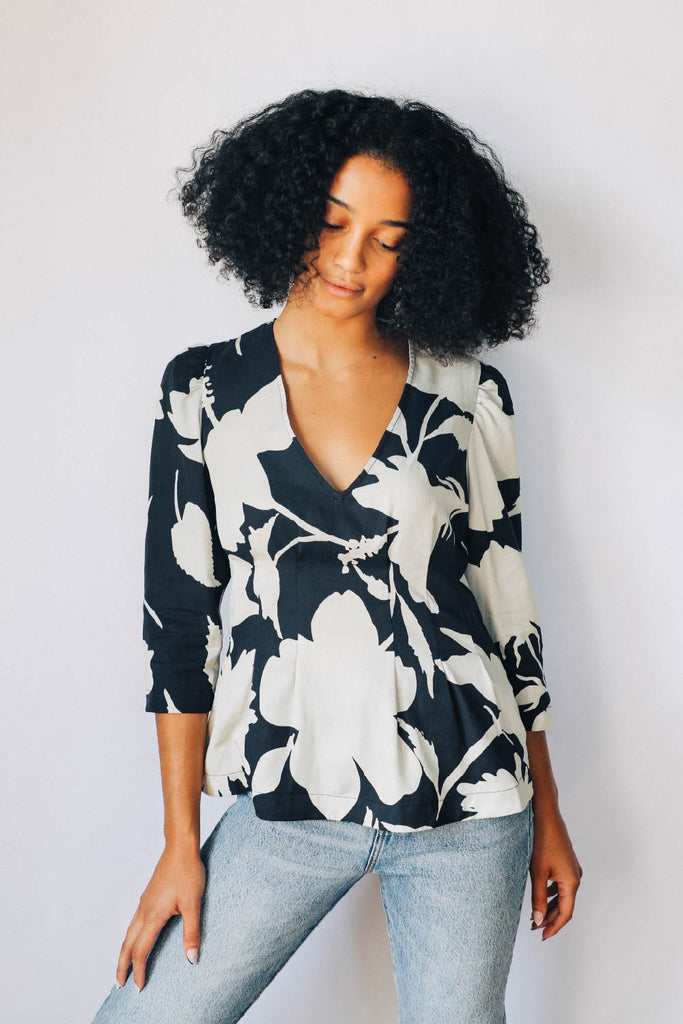 Black and Parchment Floral Puff Sleeve Blouse